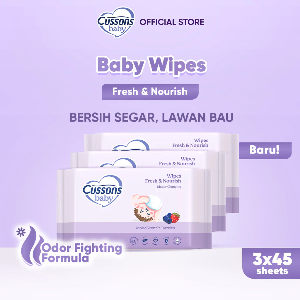 Cussons Baby Wipes Fresh & Nourish-Tisu Basah Bayi-Ganti Popok 45's X3