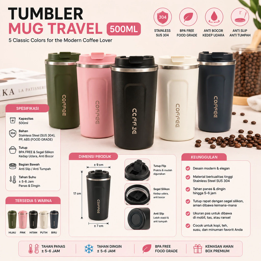 Tumbler Coffee Mug 500ml Stainless Steel Gelas Kopi Tahan Panas Dingin Coffee Cup Anti Karat