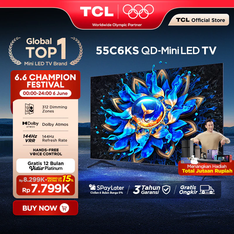 TCL 4K QD-Mini LED TV 55 Inch C6KS - High HDR Brightness - Dolby Vision & Atmos - IMAX Enhanced - 144Hz VRR - Google Assistant/Google Play/Netflix/Youtube/Disney+Hotstar - Smart Android 50 LED Digital (Model: 55C6KS)