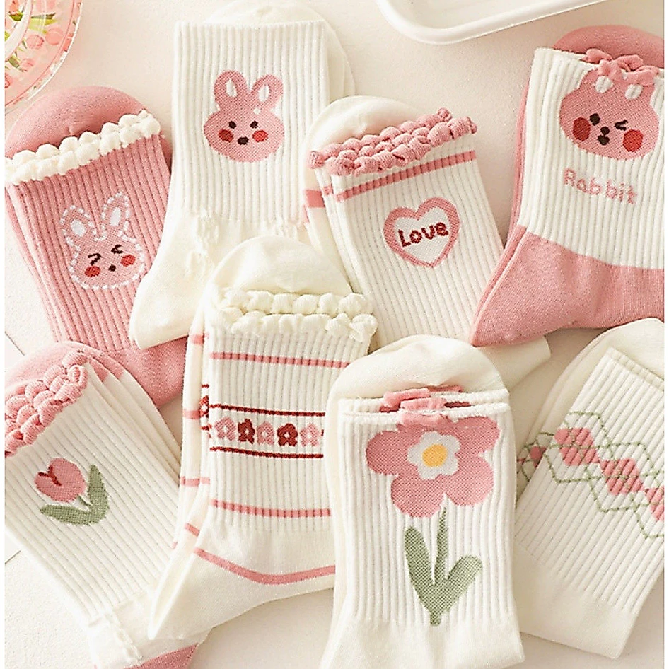 CIVETO KK335 Kaos Kaki Wanita Mid Tube Sweet Pink Rabbit and Flower Japanese Women Socks