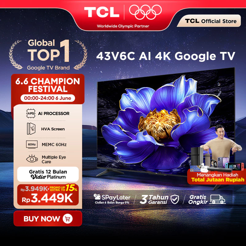 TCL AI 4K Google TV 43 inch V6C - MEMC - HDR 10 - HVA Panel - Dolby Audio - Google Play/Netflix/Youtube/Disney+Hotstar - Smart Android 40 LED Digital Promo Murah (Model: 43V6C)