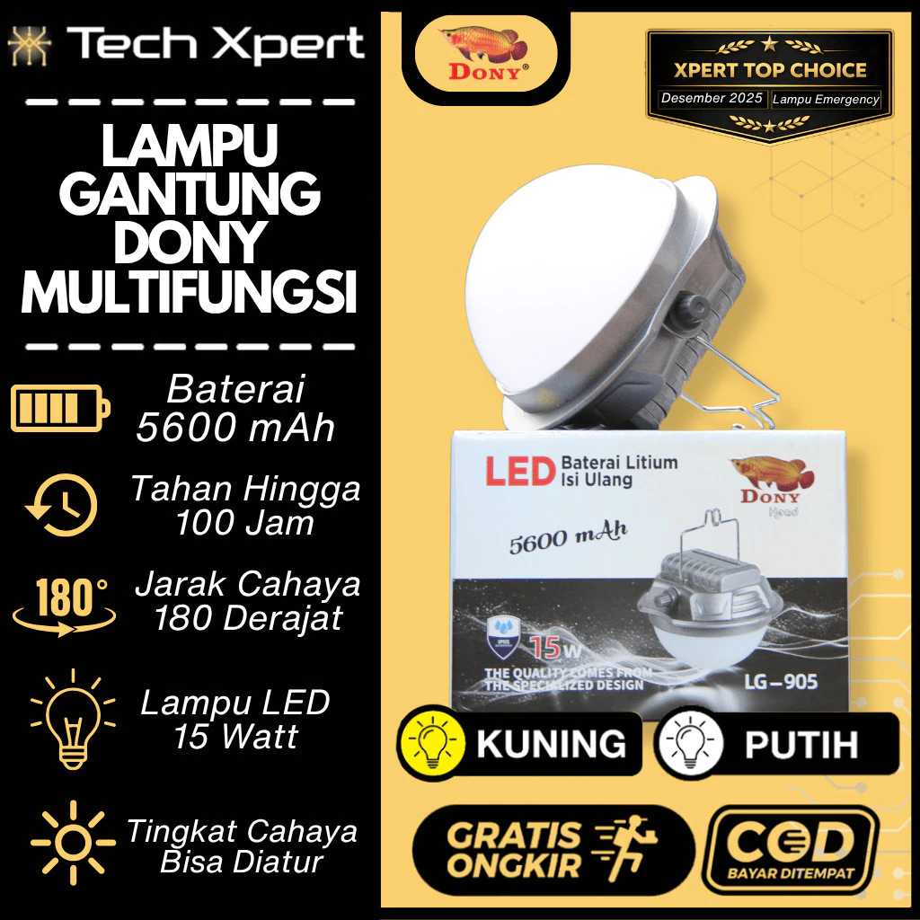 LAMPU GANTUNG DONY LG-905 LED 15W CAHAYA PUTIH TOMBOL DIMMER ORIGINAL MULTIFUNGSI EMERGENCY CAMPING