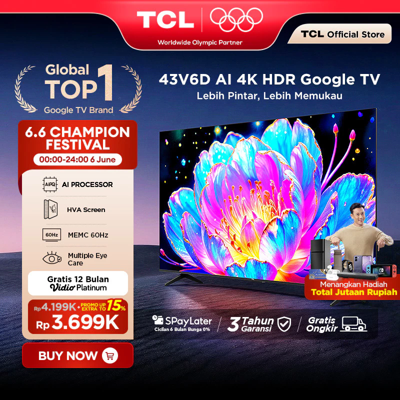 TCL AI 4K Google TV 43 inch V6D - MEMC - HDR 10 - HVA Panel - Dolby Audio - Google Play/Netflix/Youtube/Disney+Hotstar - Smart Android 50 LED Digital Promo Murah (Model: 43V6D)