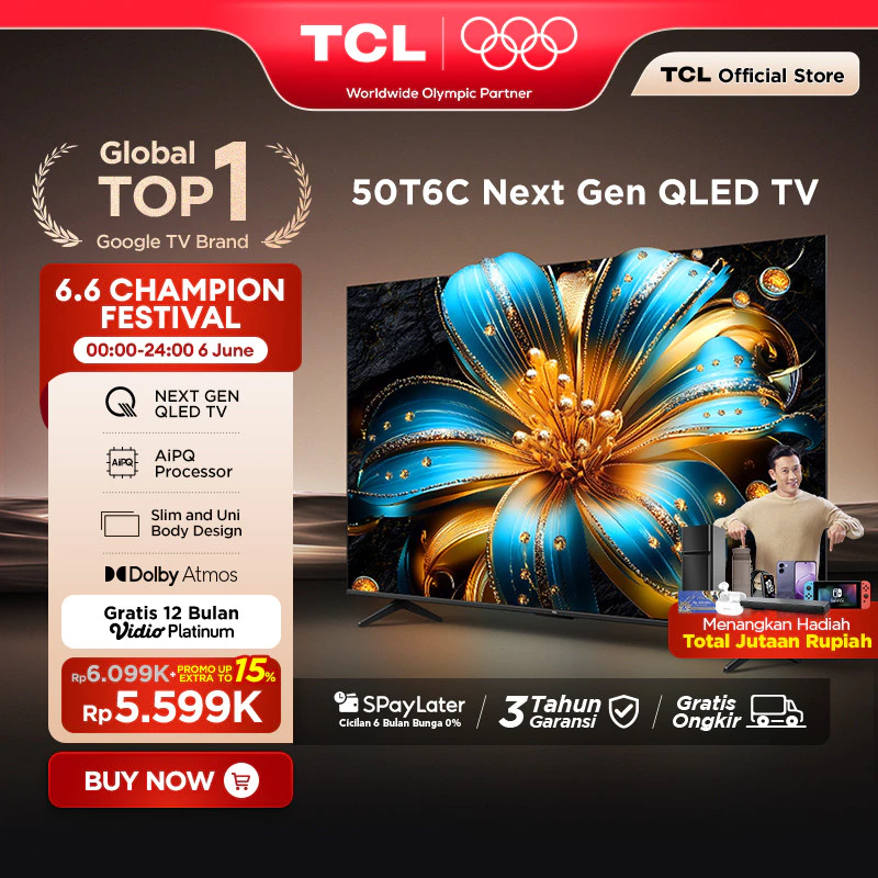 TCL Next Gen QLED 50 inch T6C - 4K Google TV - HVA Panel - HDR 10+ - Dolby Vision & Atmos - Google Assistant/Google Play/Netflix/Youtube/Disney+Hotstar - Smart Android 43 LED Digital (Model: 50T6C)