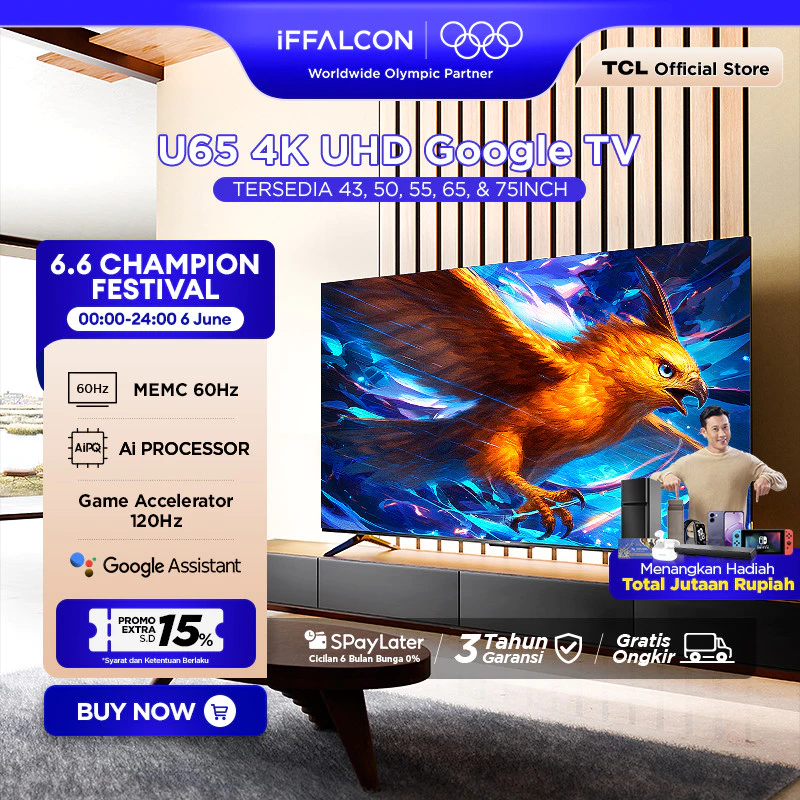iFFALCON by TCL U65 Series Google TV (Android 12) Smart Digital - 4K UHD - Dolby Audio - Google Play/Netflix/YouTube/Disney+ Hotstar/Prime Video - WiFi/Bluetooth