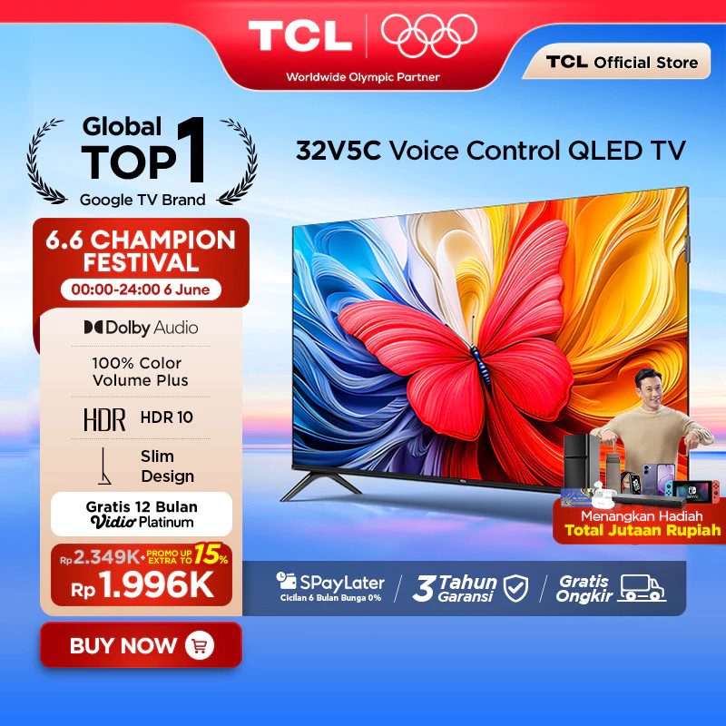 TCL Ultimate QLED FHD TV 32 inch V5C - HDR 10 - Dolby Audio - Google Play/Netflix/Youtube/Disney+Hotstar - Smart Android  LED Digital Promo Murah G9 | 32G9 40G9 24 (Model: 32V5C)