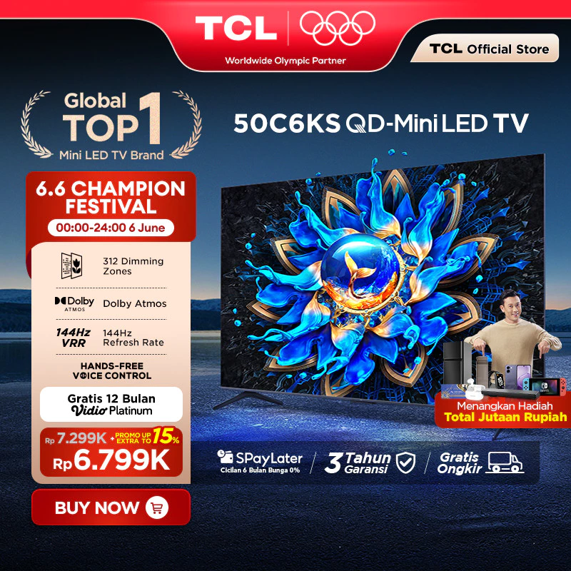 TCL 4K QD-Mini LED TV 50 Inch C6KS - High HDR Brightness - Dolby Vision & Atmos - IMAX Enhanced - 144Hz VRR - Google Assistant/Google Play/Netflix/Youtube/Disney+Hotstar - Smart Android 43 LED Digital (Model: 50C6KS)