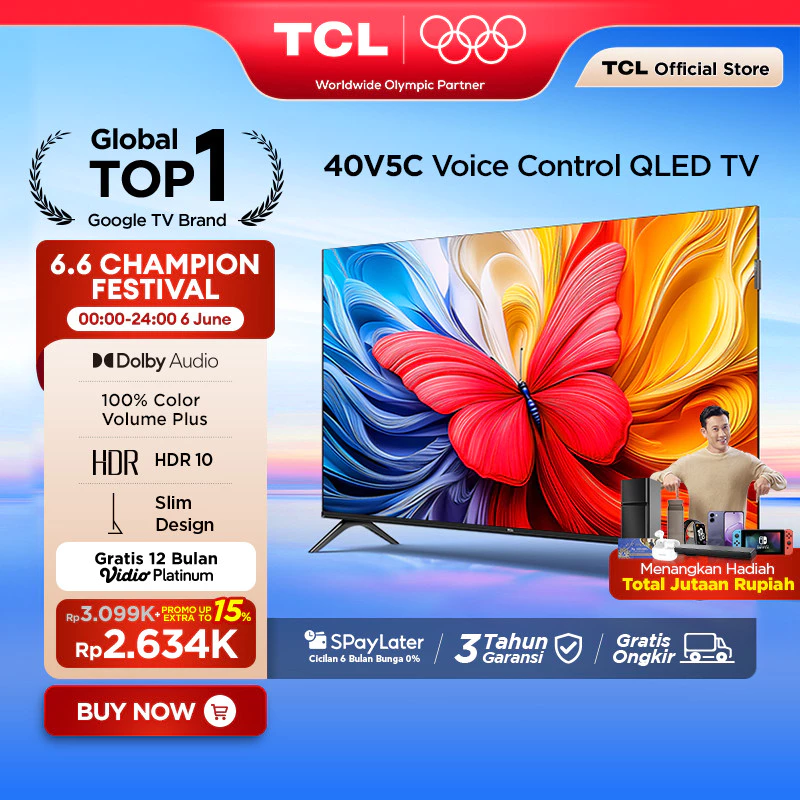 [Flash Sale] TCL Ultimate QLED FHD TV 40 inch V5C - HDR 10 - Dolby Audio - Google Play/Netflix/Youtube/Disney+Hotstar - Smart Android  LED Digital Promo Murah G9 | 32G9 40G9 32 (Model: 40V5C)