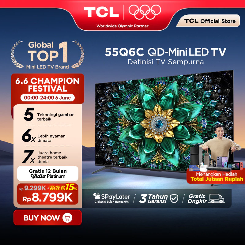 TCL 55 Inch QD-Mini LED TV Q6C - AiPQ Pro Processor - 6in1 Healthy Eye care - 144Hz - Smart Android  LED Digital 50 (Model: 55Q6C)