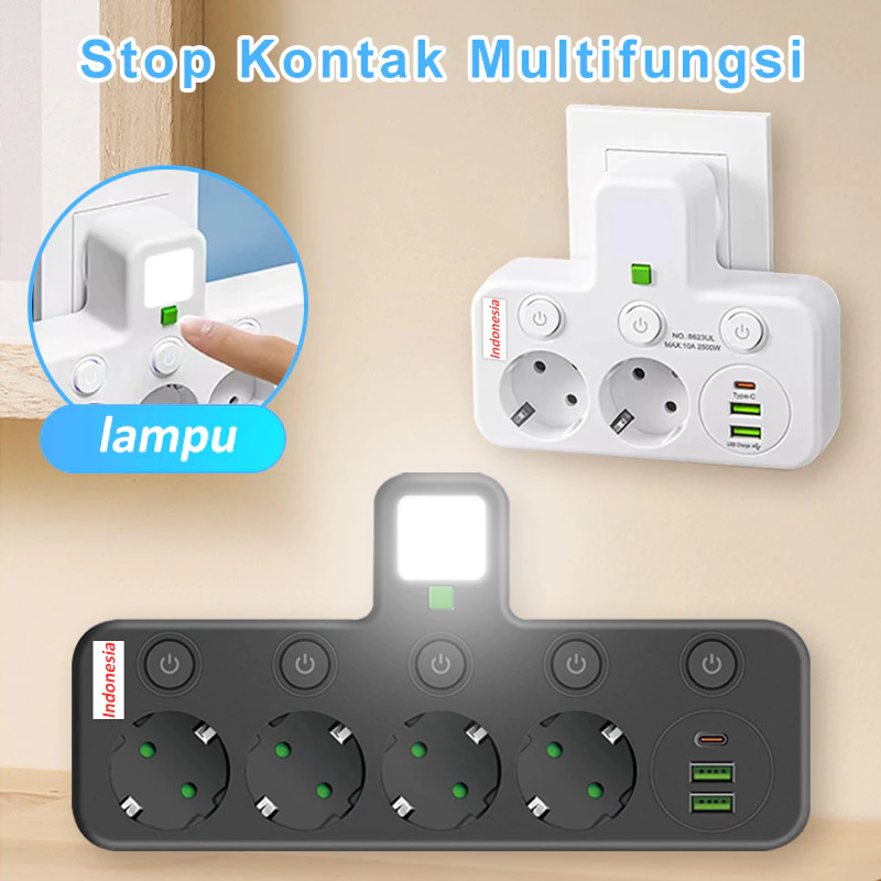 Stop Kontak Multi Soket EU 4/3 Lubang Port USB-C Tanpa Kabel Untuk Rumah Kantor Pengunci Anak-Anak