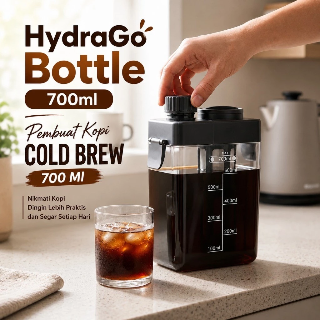 HydraGo Bottle 700ml Pembuat Kopi Cold Brew Dengan Filter Halus Desain Hemat Tempat
