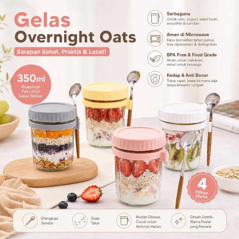 Tempat Overnight Oat dan Salad Wadah Sehat Untuk Sarapan Bonus Sendok dan Tutup