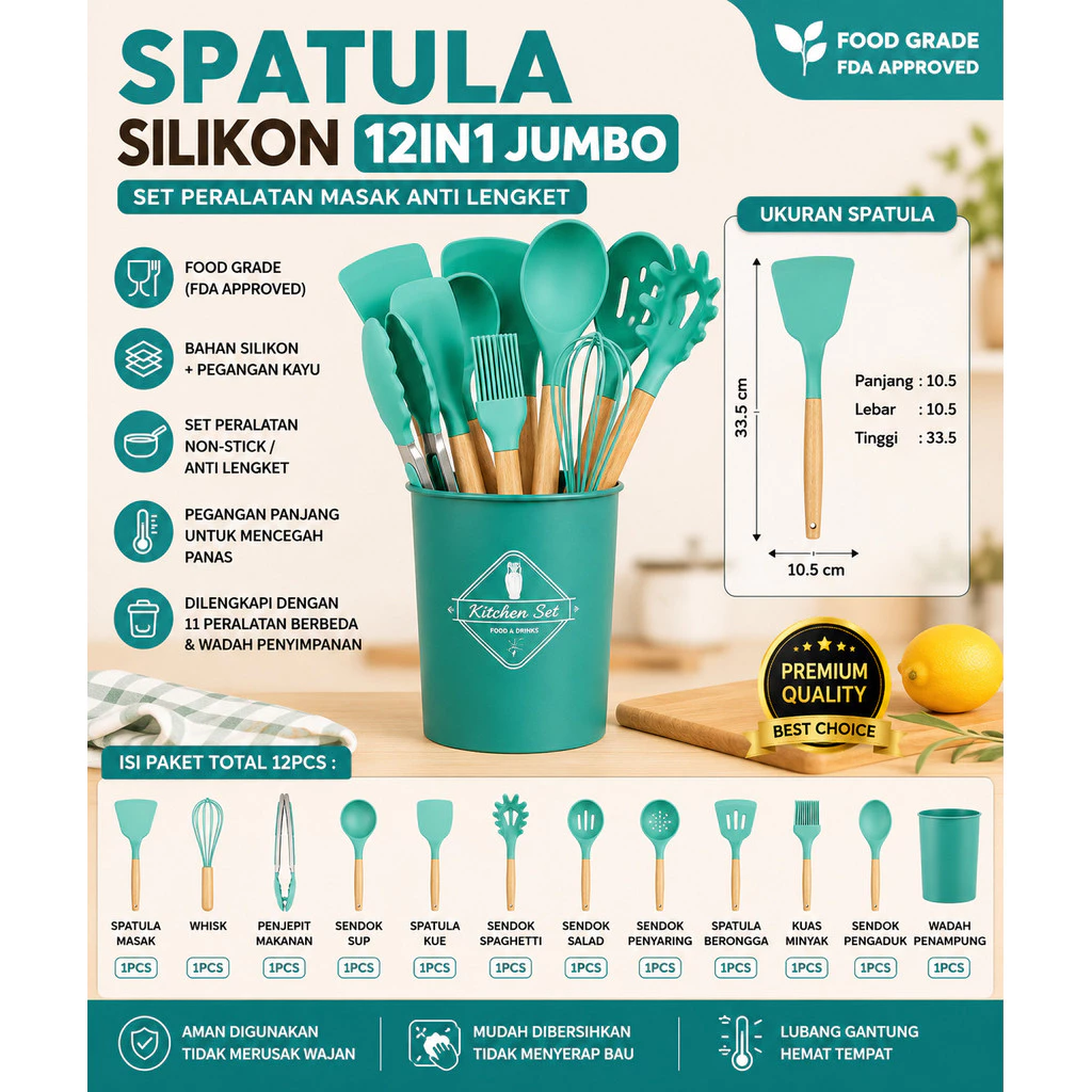 Spatula Silikon 12pcs Kitchen Set Spatula Alat Masak Dapur Tahan Panas Serbaguna Aman Praktis Murah