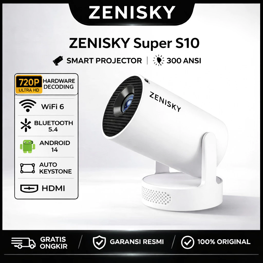 Zenisky - Smart Projector Zenisky - Smart Projector Super S10 Putih LCD TV Proyektor 300 ANSI Lumens Android 14 Wifi 6 Fokus Otomatis Netflix YouTube Include Kabel HDMI