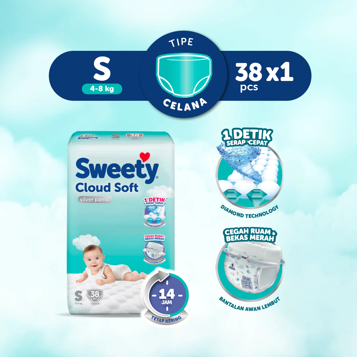 Sweety Silver Pants Cloud Soft S 38s Popok Celana Baby Diapers - Special Upcount